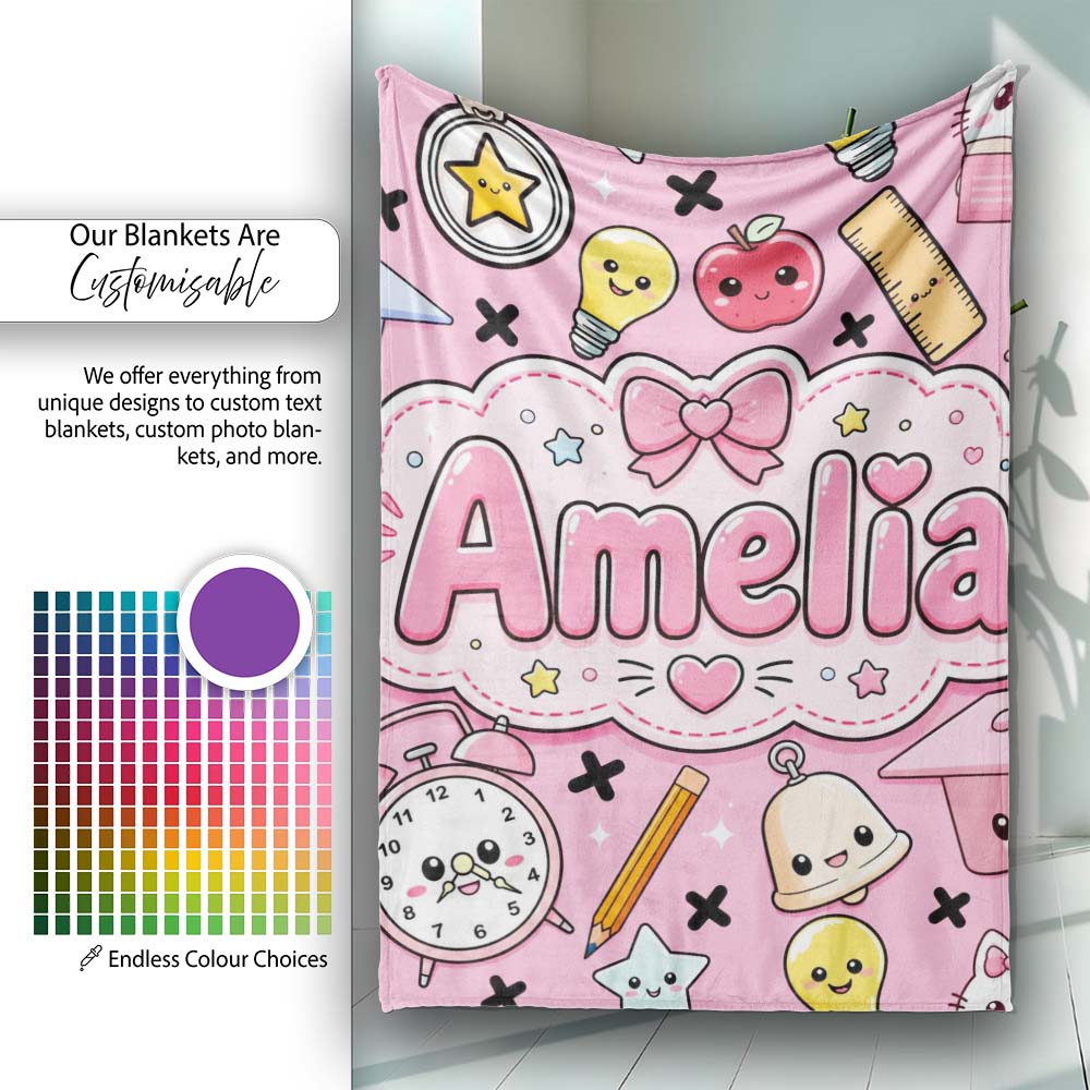 Cute Kawaii School Cat Books Apple Clock Bell Pencil Seamless  Personalised Custom Name Super Soft Fleece Blanket Bed Sofa Throw