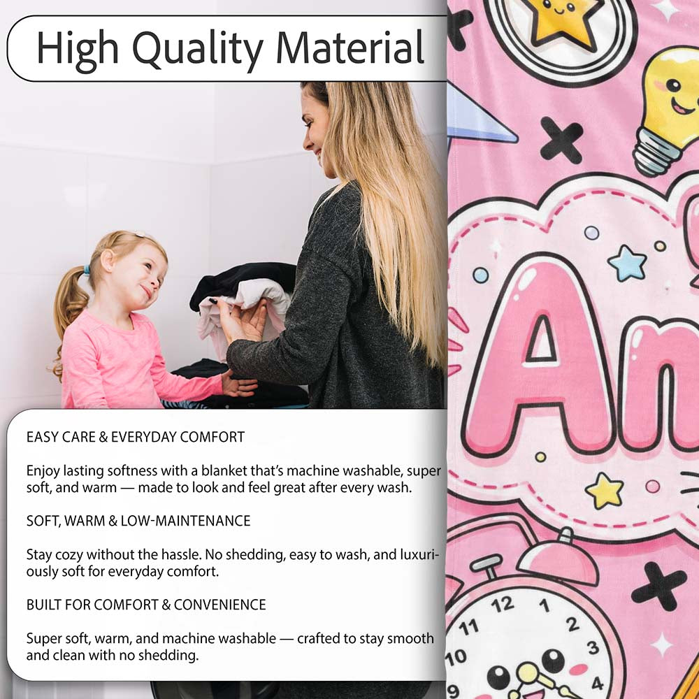 Cute Kawaii School Cat Books Apple Clock Bell Pencil Seamless  Personalised Custom Name Super Soft Fleece Blanket Bed Sofa Throw