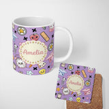 Personalized Custom Name Cute Kawaii School Cat Books Apple Clock Bell Pencil Purple 11oz Ceramic Coffee Tea Mug White Large Handle