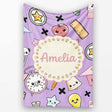 Cute Kawaii School Cat Books Apple Clock Bell Pencil Purple  Personalised Custom Name Super Soft Fleece Blanket Bed Sofa Throw