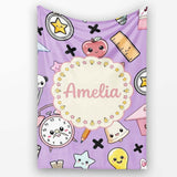 Cute Kawaii School Cat Books Apple Clock Bell Pencil Purple  Personalised Custom Name Super Soft Fleece Blanket Bed Sofa Throw