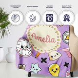 Cute Kawaii School Cat Books Apple Clock Bell Pencil Purple  Personalised Custom Name Super Soft Fleece Blanket Bed Sofa Throw