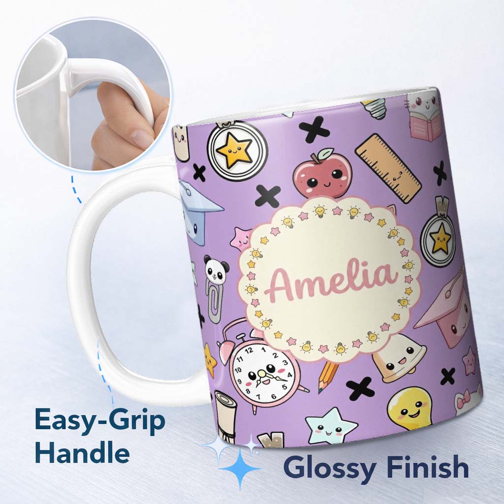Personalized Custom Name Cute Kawaii School Cat Books Apple Clock Bell Pencil Purple 11oz Ceramic Coffee Tea Mug White Large Handle