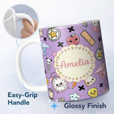 Personalized Custom Name Cute Kawaii School Cat Books Apple Clock Bell Pencil Purple 11oz Ceramic Coffee Tea Mug White Large Handle