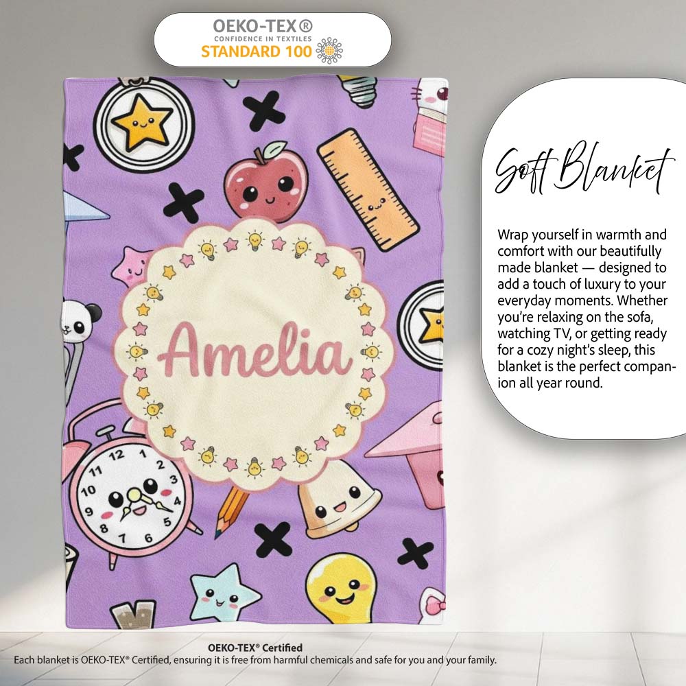 Cute Kawaii School Cat Books Apple Clock Bell Pencil Purple  Personalised Custom Name Super Soft Fleece Blanket Bed Sofa Throw