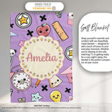 Cute Kawaii School Cat Books Apple Clock Bell Pencil Purple  Personalised Custom Name Super Soft Fleece Blanket Bed Sofa Throw