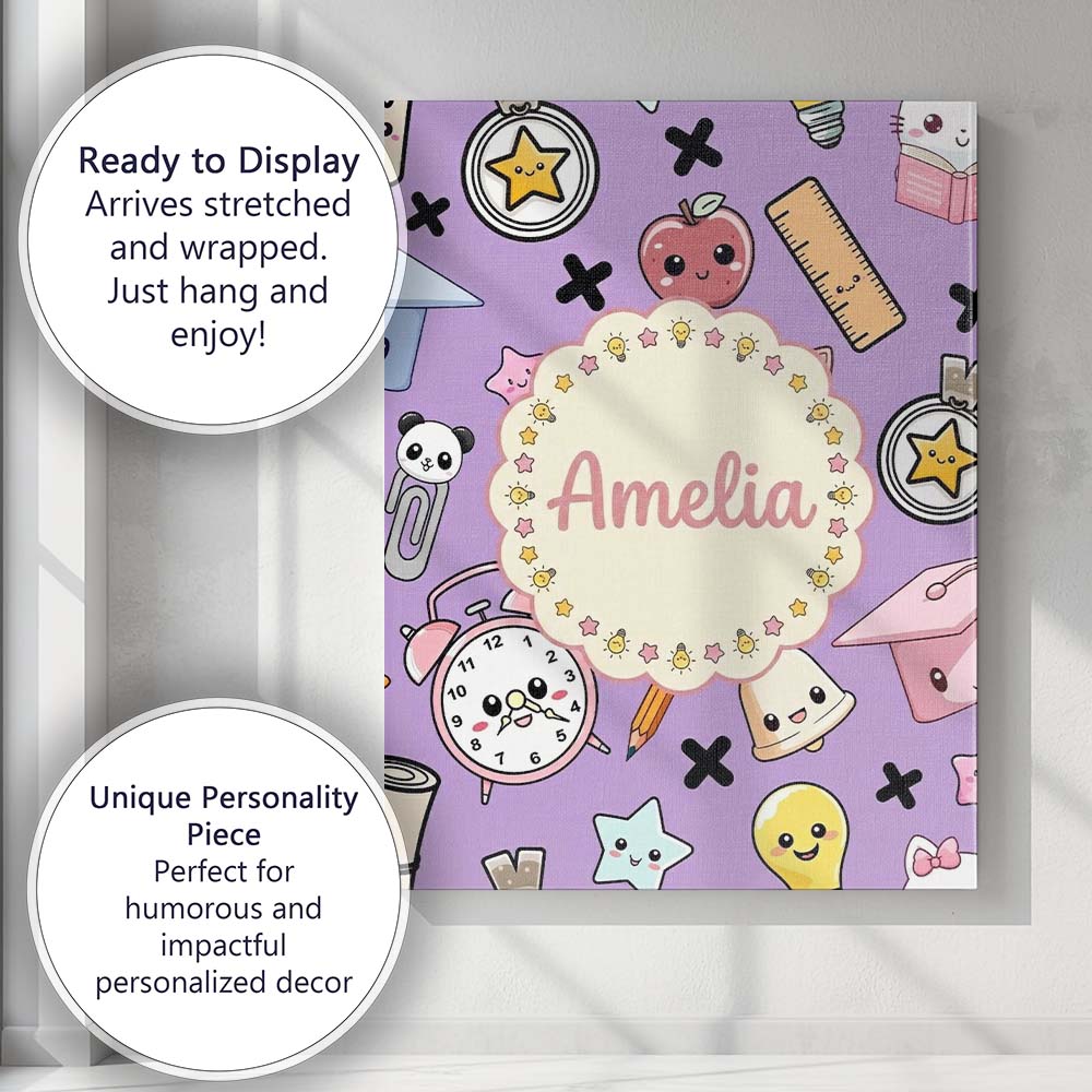Personalised Name Cute Kawaii School Cat Custom  Unique Gift Idea Elegant Feature Canvas Wall Art Print Decor Picture Ready to Hang