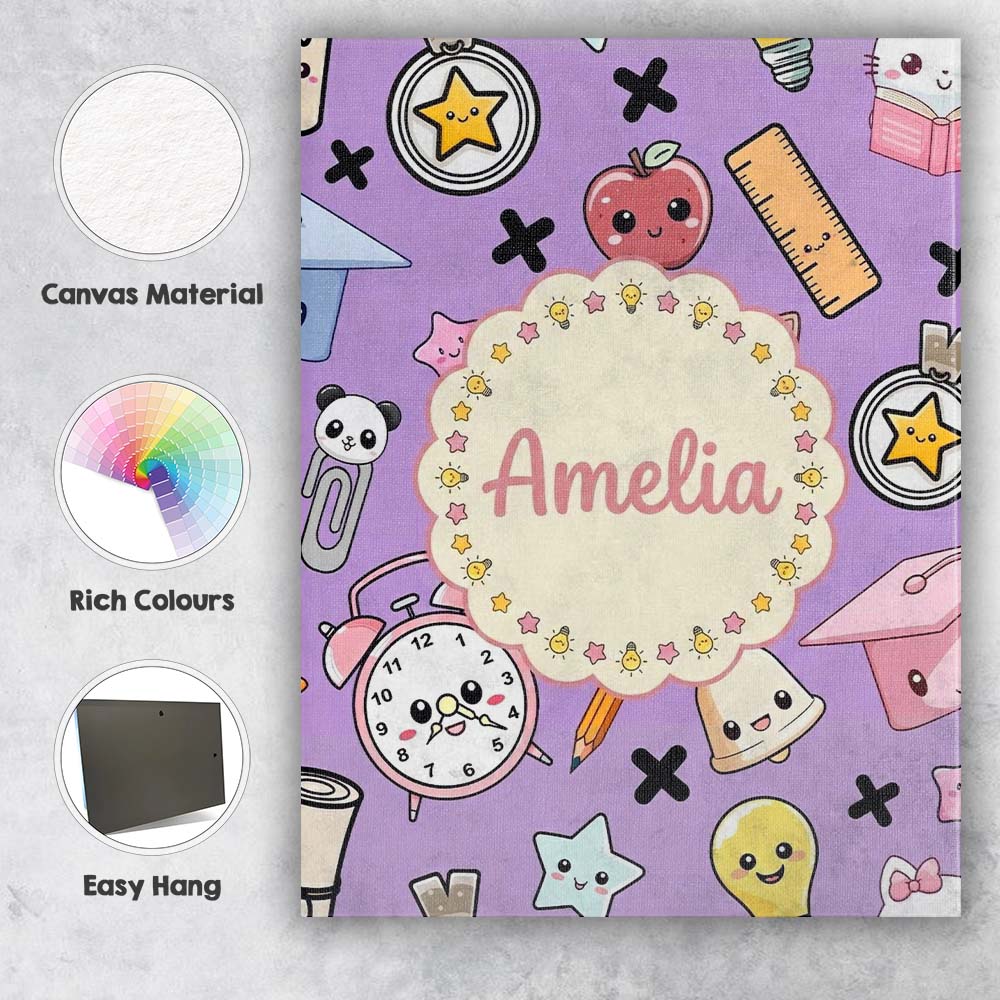 Personalised Name Cute Kawaii School Cat Custom  Unique Gift Idea Elegant Feature Canvas Wall Art Print Decor Picture Ready to Hang