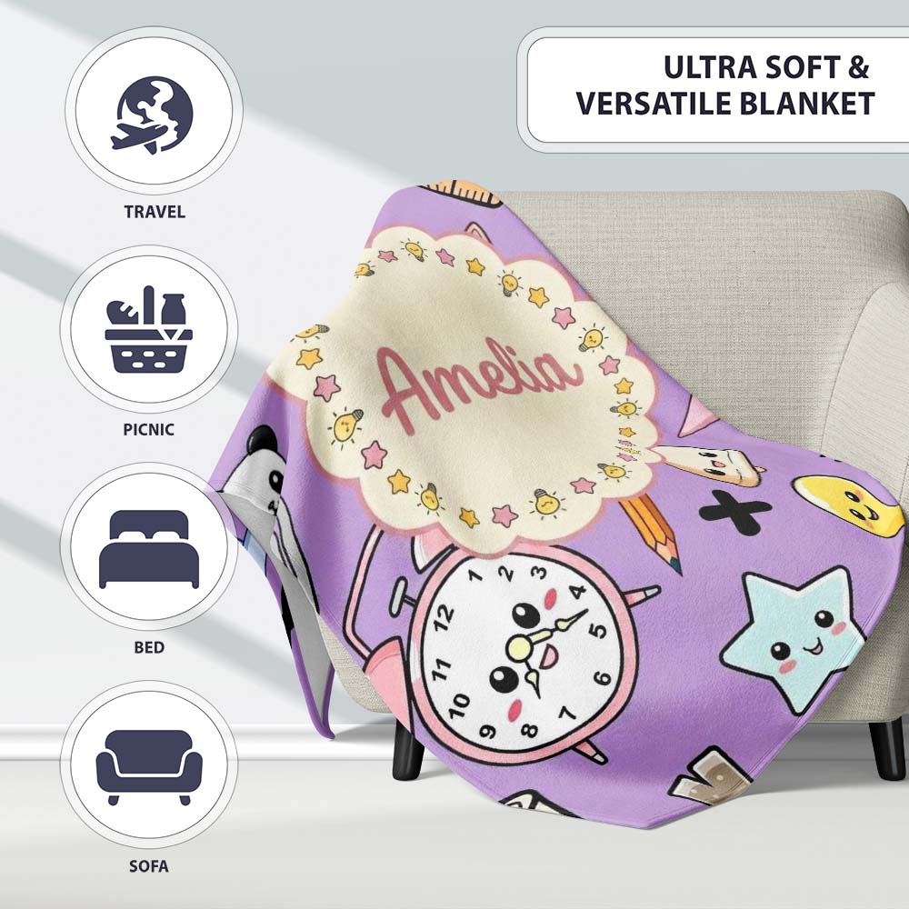Cute Kawaii School Cat Books Apple Clock Bell Pencil Purple  Personalised Custom Name Super Soft Fleece Blanket Bed Sofa Throw