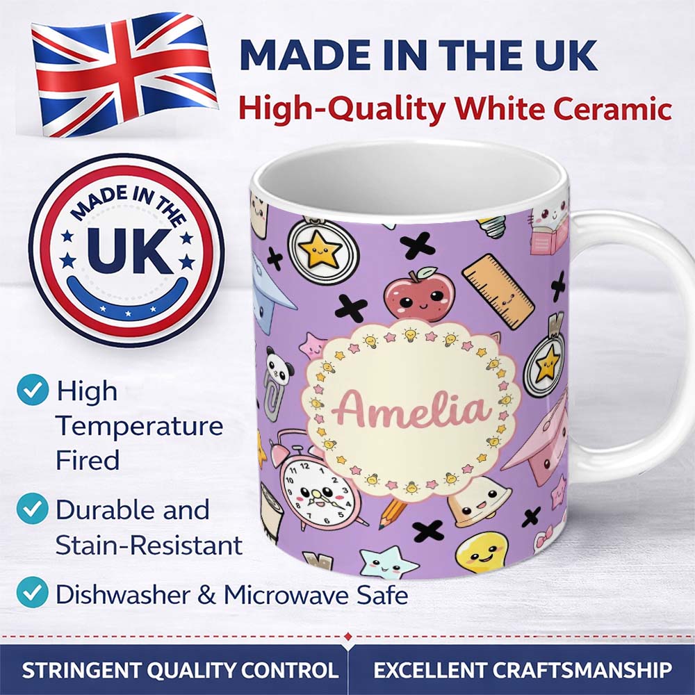 Personalized Custom Name Cute Kawaii School Cat Books Apple Clock Bell Pencil Purple 11oz Ceramic Coffee Tea Mug White Large Handle