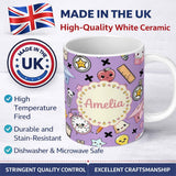 Personalized Custom Name Cute Kawaii School Cat Books Apple Clock Bell Pencil Purple 11oz Ceramic Coffee Tea Mug White Large Handle
