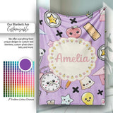 Cute Kawaii School Cat Books Apple Clock Bell Pencil Purple  Personalised Custom Name Super Soft Fleece Blanket Bed Sofa Throw
