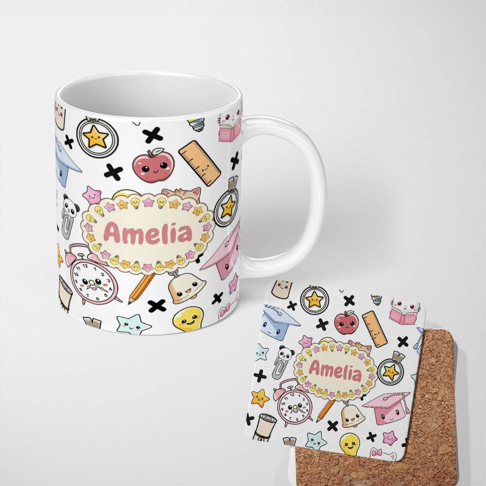 Personalized Custom Name Cute Kawaii School Cat Books Apple Clock Bell Pencil Grey Seamless 11oz Ceramic Coffee Tea Mug White Large Handle