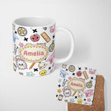 Personalized Custom Name Cute Kawaii School Cat Books Apple Clock Bell Pencil Grey Seamless 11oz Ceramic Coffee Tea Mug White Large Handle
