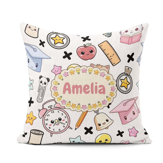 Custom Name Kawaii School Cat Books Apple Clock Bell Pencil Grey Square Filled Cushion Throw Pillow Sofa Bed Home Decor Zip Washable UK Made