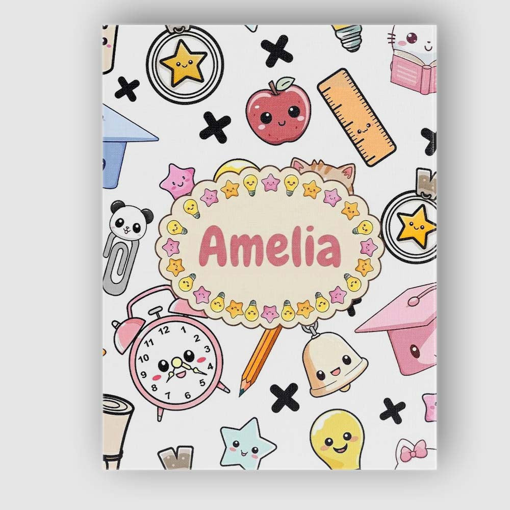 Personalised Name Cute Kawaii School Cat Custom  Unique Gift Idea Elegant Feature Canvas Wall Art Print Decor Picture Ready to Hang