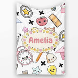 Cute Kawaii School Cat Books Apple Clock Bell Pencil Grey Seamless  Personalised Custom Name Super Soft Fleece Blanket Bed Sofa Throw