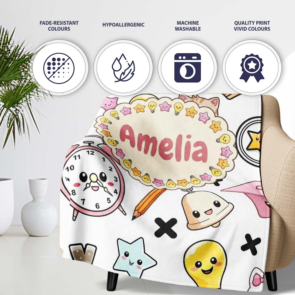 Cute Kawaii School Cat Books Apple Clock Bell Pencil Grey Seamless  Personalised Custom Name Super Soft Fleece Blanket Bed Sofa Throw