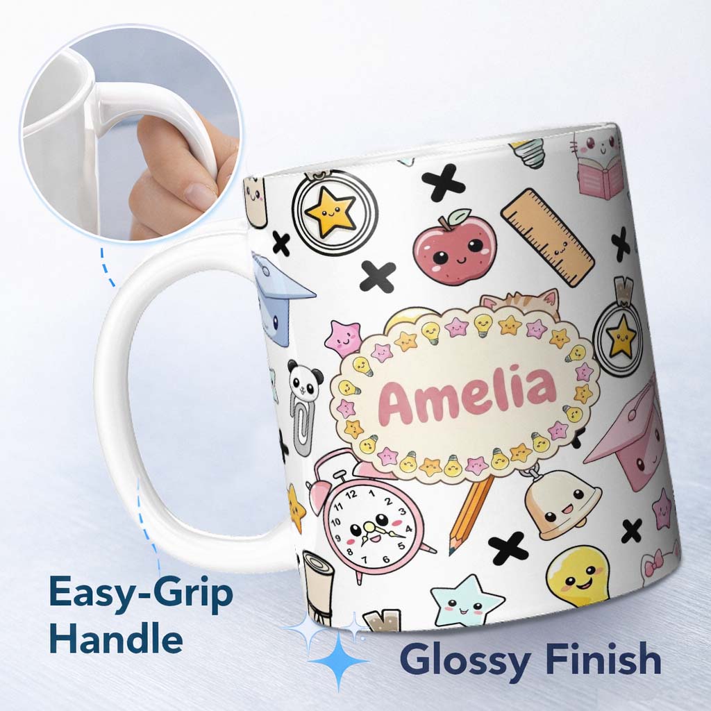 Personalized Custom Name Cute Kawaii School Cat Books Apple Clock Bell Pencil Grey Seamless 11oz Ceramic Coffee Tea Mug White Large Handle