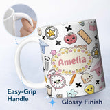 Personalized Custom Name Cute Kawaii School Cat Books Apple Clock Bell Pencil Grey Seamless 11oz Ceramic Coffee Tea Mug White Large Handle