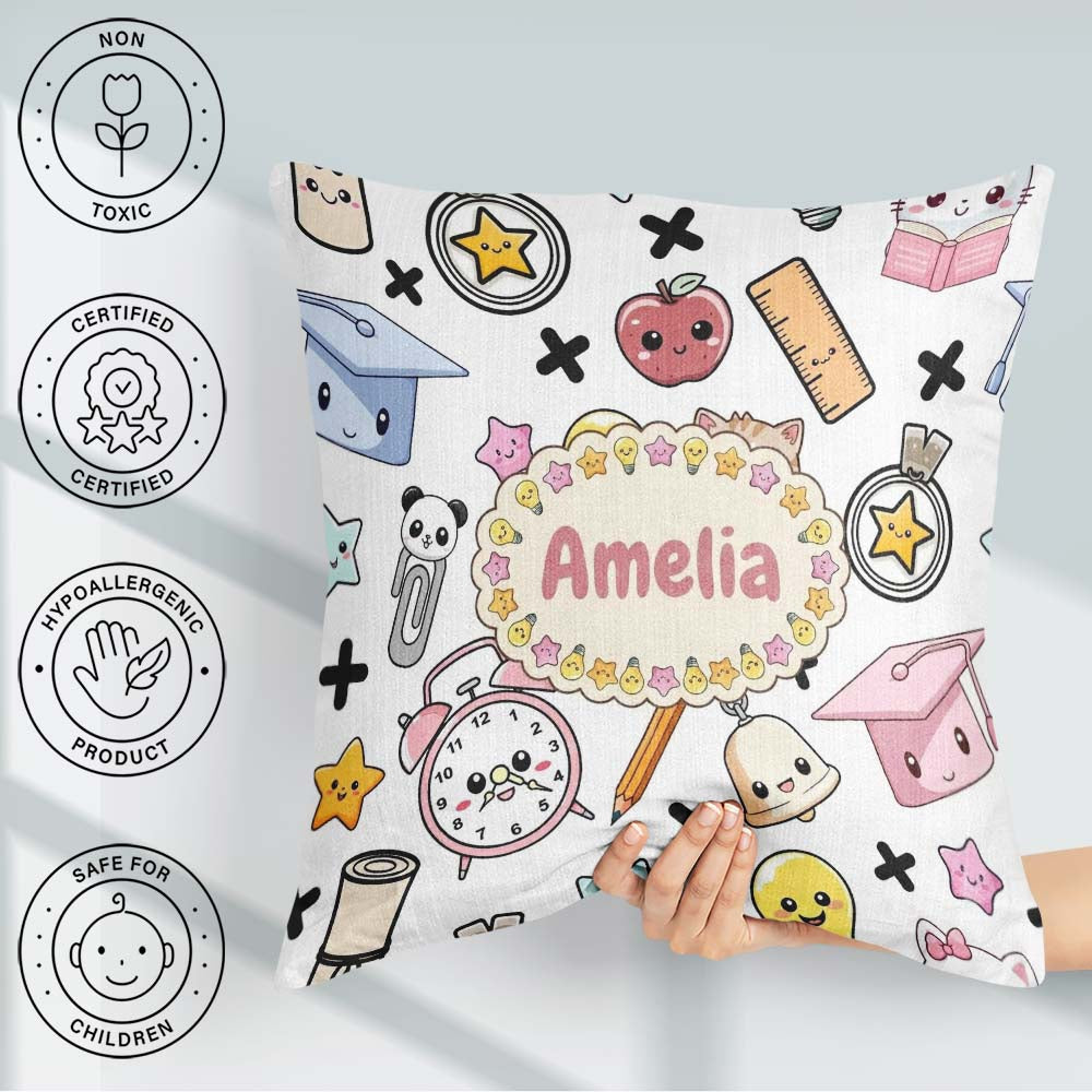 Custom Name Kawaii School Cat Books Apple Clock Bell Pencil Grey Square Filled Cushion Throw Pillow Sofa Bed Home Decor Zip Washable UK Made