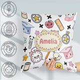 Custom Name Kawaii School Cat Books Apple Clock Bell Pencil Grey Square Filled Cushion Throw Pillow Sofa Bed Home Decor Zip Washable UK Made