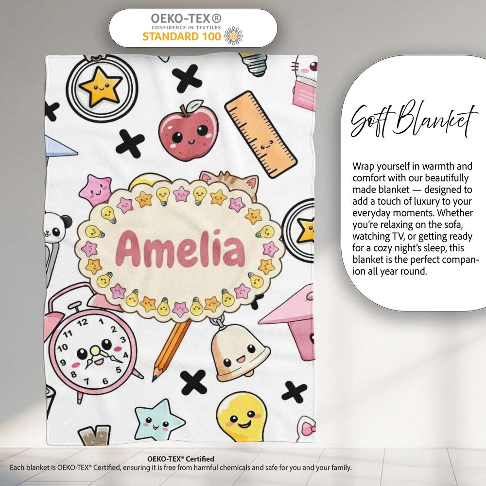 Cute Kawaii School Cat Books Apple Clock Bell Pencil Grey Seamless  Personalised Custom Name Super Soft Fleece Blanket Bed Sofa Throw