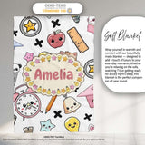 Cute Kawaii School Cat Books Apple Clock Bell Pencil Grey Seamless  Personalised Custom Name Super Soft Fleece Blanket Bed Sofa Throw