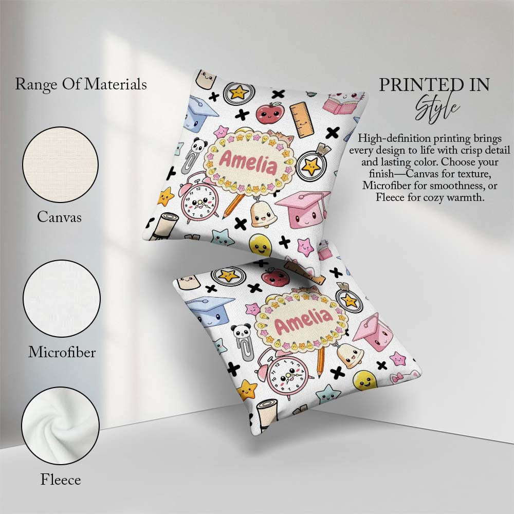 Custom Name Kawaii School Cat Books Apple Clock Bell Pencil Grey Square Filled Cushion Throw Pillow Sofa Bed Home Decor Zip Washable UK Made