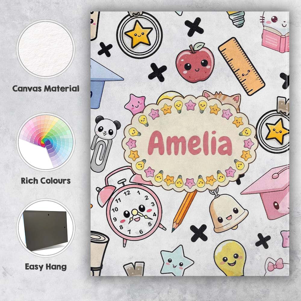 Personalised Name Cute Kawaii School Cat Custom  Unique Gift Idea Elegant Feature Canvas Wall Art Print Decor Picture Ready to Hang