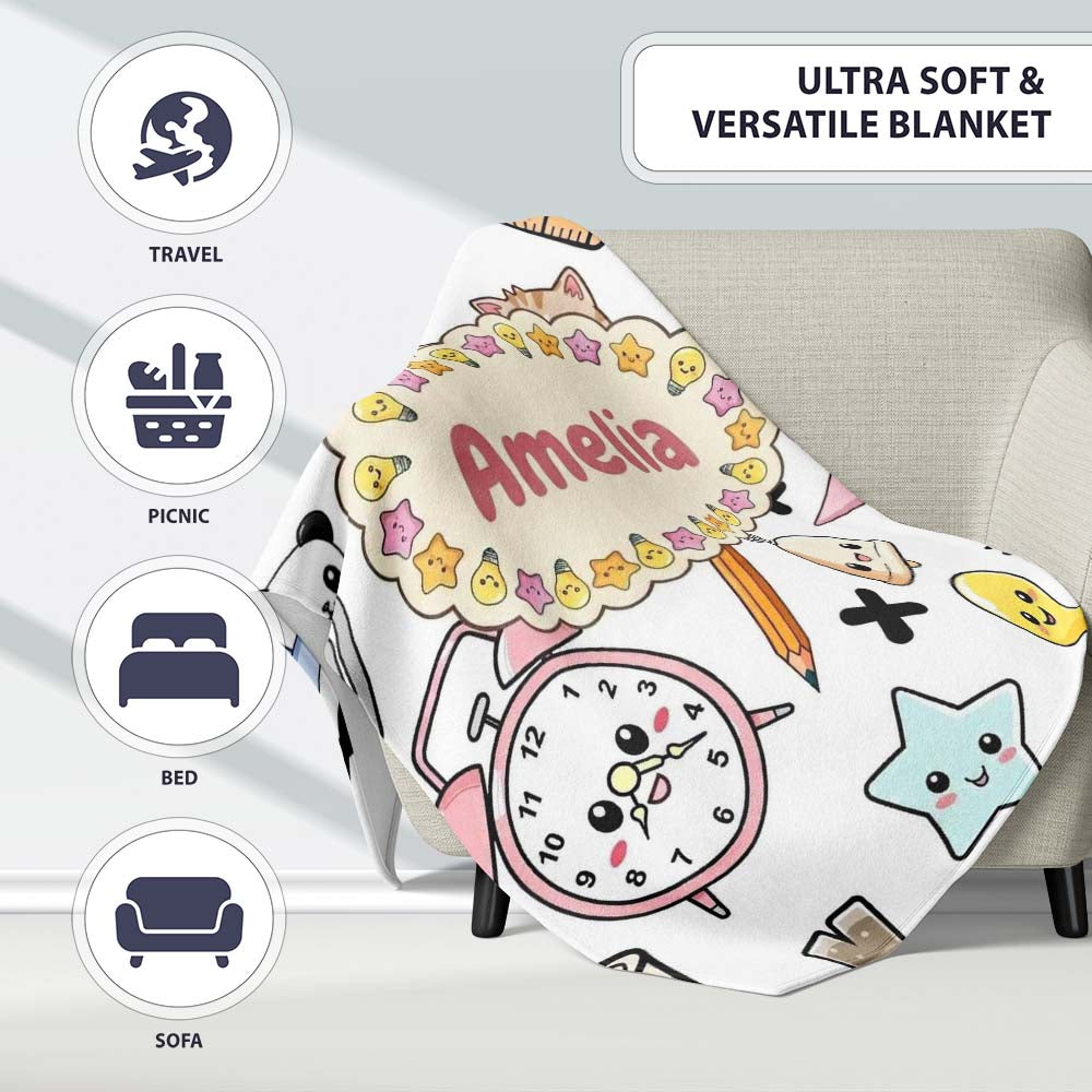 Cute Kawaii School Cat Books Apple Clock Bell Pencil Grey Seamless  Personalised Custom Name Super Soft Fleece Blanket Bed Sofa Throw
