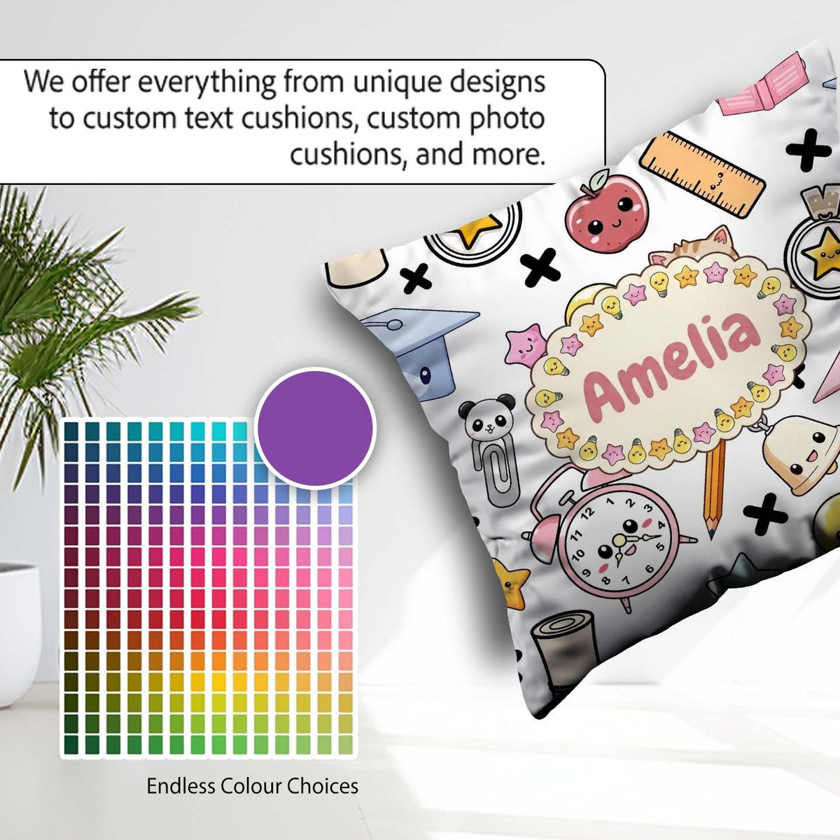 Custom Name Kawaii School Cat Books Apple Clock Bell Pencil Grey Square Filled Cushion Throw Pillow Sofa Bed Home Decor Zip Washable UK Made