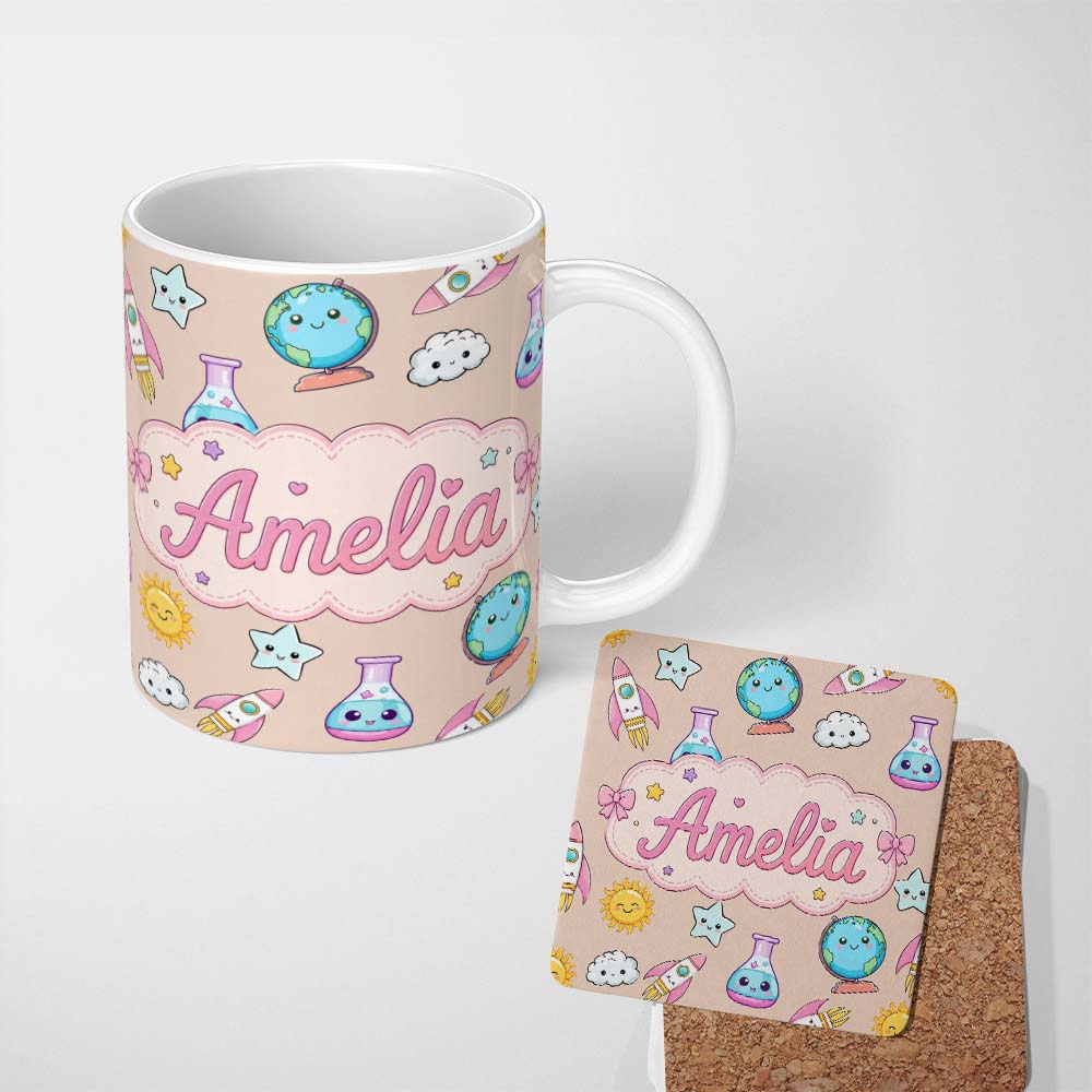 Personalized Custom Name Cute Kawaii Space Rocket Planet Globe Sun Star Seamless Pattern Name 11oz Ceramic Coffee Tea Mug White Large Handle