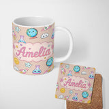 Personalized Custom Name Cute Kawaii Space Rocket Planet Globe Sun Star Seamless Pattern Name 11oz Ceramic Coffee Tea Mug White Large Handle