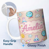 Personalized Custom Name Cute Kawaii Space Rocket Planet Globe Sun Star Seamless Pattern Name 11oz Ceramic Coffee Tea Mug White Large Handle