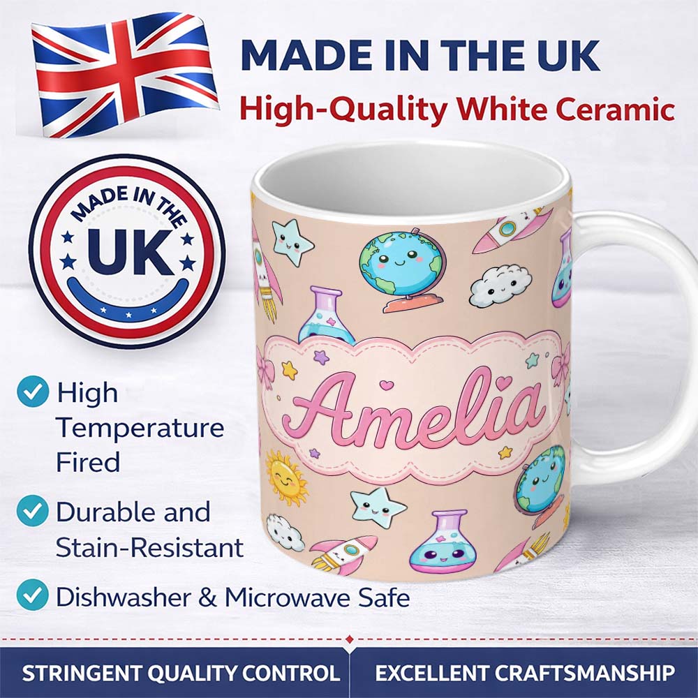 Personalized Custom Name Cute Kawaii Space Rocket Planet Globe Sun Star Seamless Pattern Name 11oz Ceramic Coffee Tea Mug White Large Handle