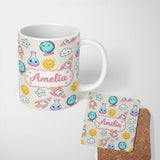 Personalized Custom Name Cute Kawaii Space Rocket Planet Globe Sun Star Cream Seamless 11oz Ceramic Coffee Tea Mug White Large Handle