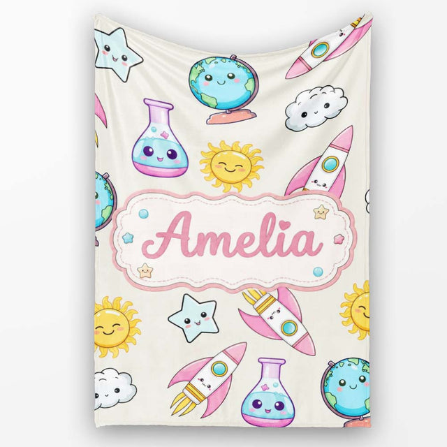 Cute Kawaii Space Rocket Planet Globe Sun Star Cream Seamless  Personalised Custom Name Super Soft Fleece Blanket Bed Sofa Throw