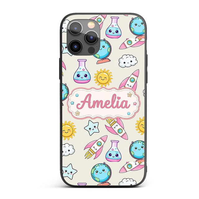 Cute Kawaii Space Rocket Planet Globe Sun Star Custom Name Protective Phone Case Mobile Cover Durable Everyday Smartphone Shock Resistant
