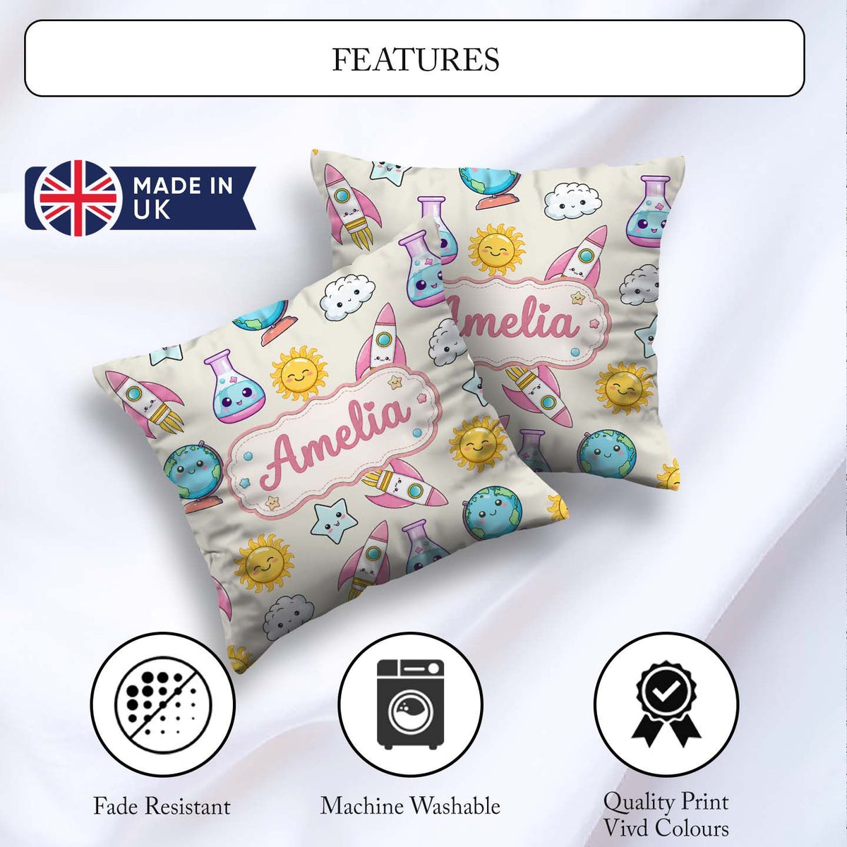 Custom Name Cute Kawaii Space Rocket Planet Globe Sun Star Cream Square Filled Cushion Throw Pillow Sofa Bed Home Decor Zip Washable UK Made