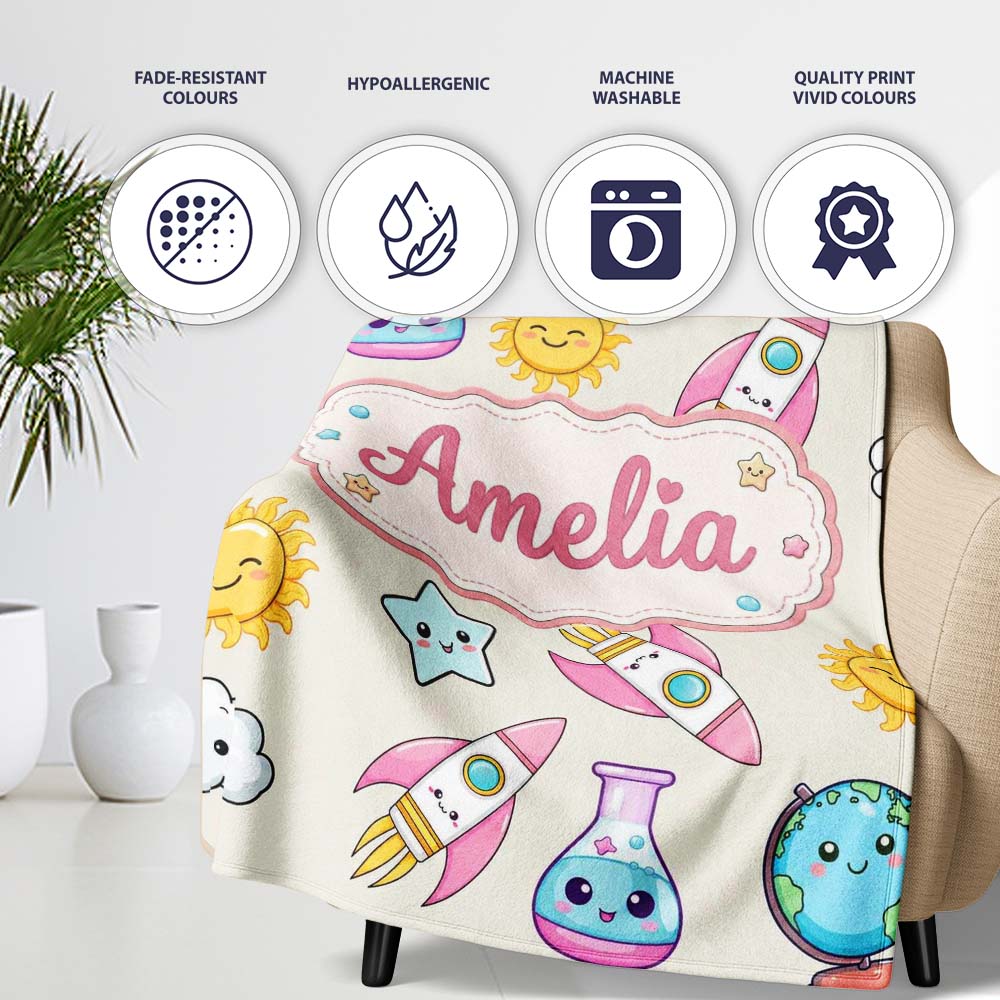 Cute Kawaii Space Rocket Planet Globe Sun Star Cream Seamless  Personalised Custom Name Super Soft Fleece Blanket Bed Sofa Throw