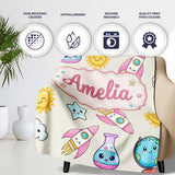 Cute Kawaii Space Rocket Planet Globe Sun Star Cream Seamless  Personalised Custom Name Super Soft Fleece Blanket Bed Sofa Throw