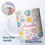 Personalized Custom Name Cute Kawaii Space Rocket Planet Globe Sun Star Cream Seamless 11oz Ceramic Coffee Tea Mug White Large Handle