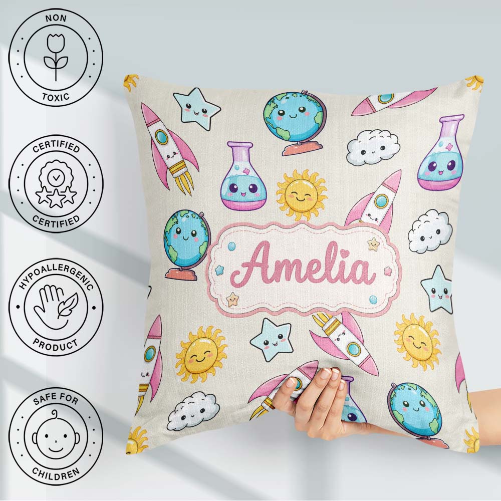 Custom Name Cute Kawaii Space Rocket Planet Globe Sun Star Cream Square Filled Cushion Throw Pillow Sofa Bed Home Decor Zip Washable UK Made