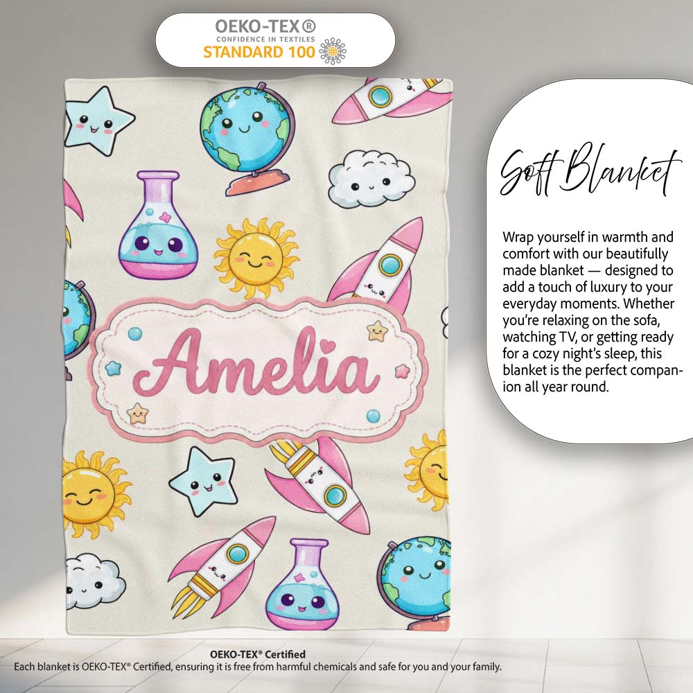 Cute Kawaii Space Rocket Planet Globe Sun Star Cream Seamless  Personalised Custom Name Super Soft Fleece Blanket Bed Sofa Throw