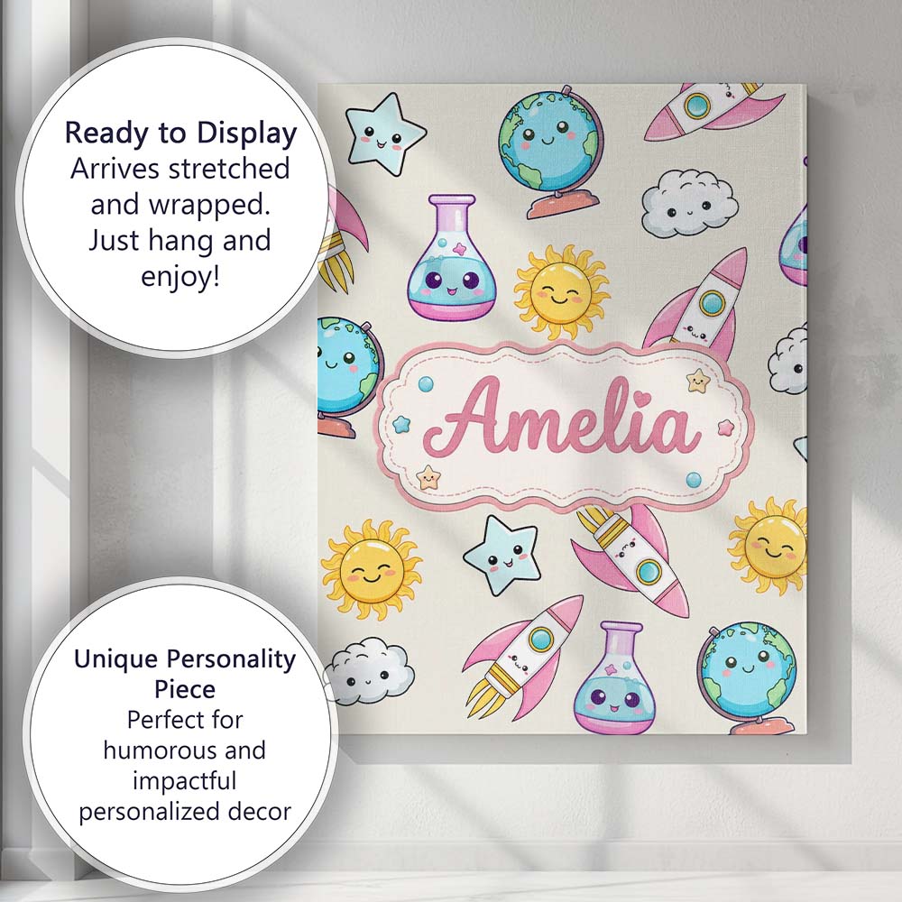 Personalised Name Cute Kawaii Space Rocket Custom  Unique Gift Idea Elegant Feature Canvas Wall Art Print Decor Picture Ready to Hang