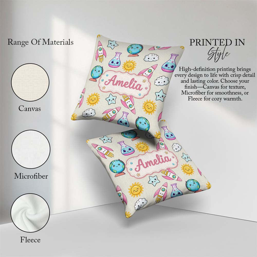 Custom Name Cute Kawaii Space Rocket Planet Globe Sun Star Cream Square Filled Cushion Throw Pillow Sofa Bed Home Decor Zip Washable UK Made
