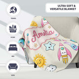 Cute Kawaii Space Rocket Planet Globe Sun Star Cream Seamless  Personalised Custom Name Super Soft Fleece Blanket Bed Sofa Throw