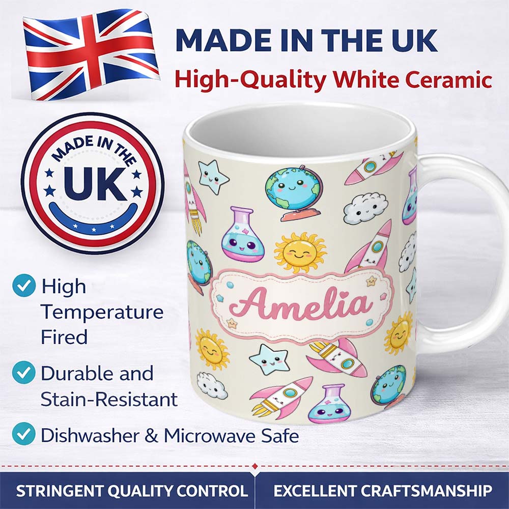 Personalized Custom Name Cute Kawaii Space Rocket Planet Globe Sun Star Cream Seamless 11oz Ceramic Coffee Tea Mug White Large Handle