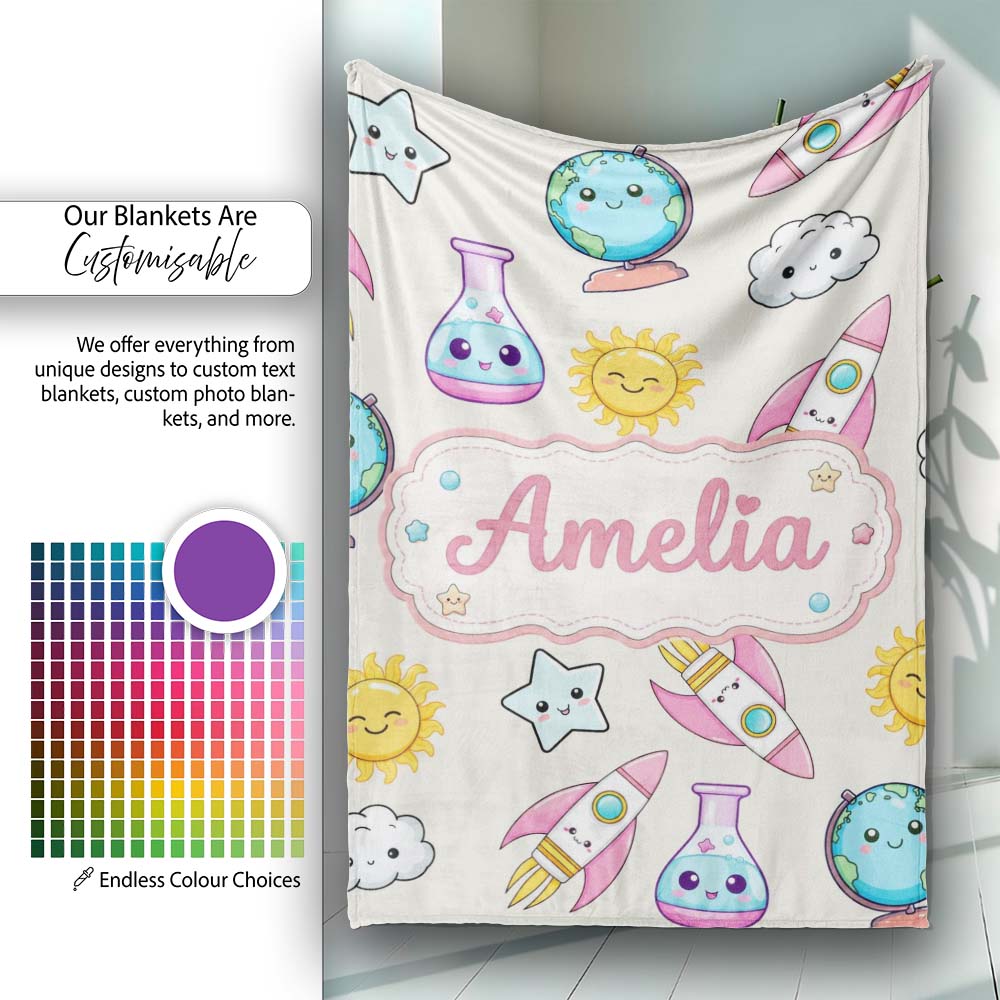 Cute Kawaii Space Rocket Planet Globe Sun Star Cream Seamless  Personalised Custom Name Super Soft Fleece Blanket Bed Sofa Throw